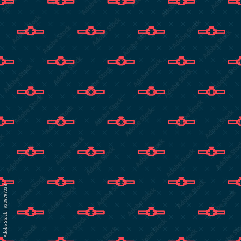 Red line Industry metallic pipes and valve icon isolated seamless pattern on black background. Vecto