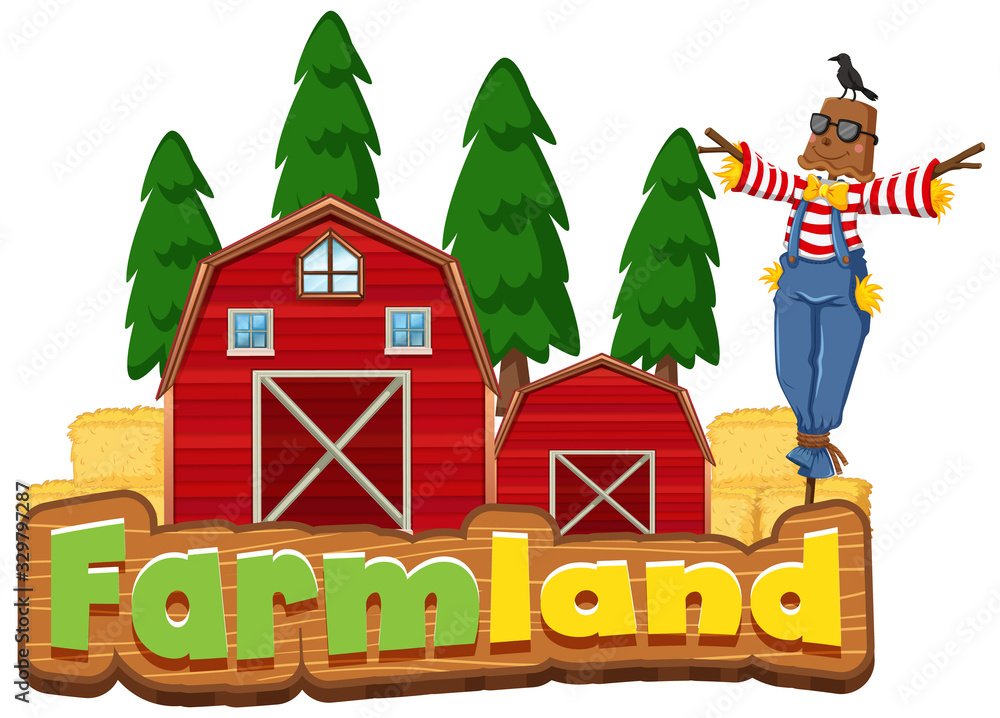 Word design for farmland with barns and scarecrow