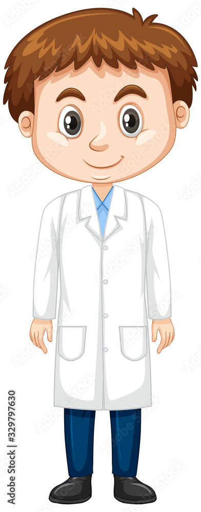 Cute boy in lab gown on white background