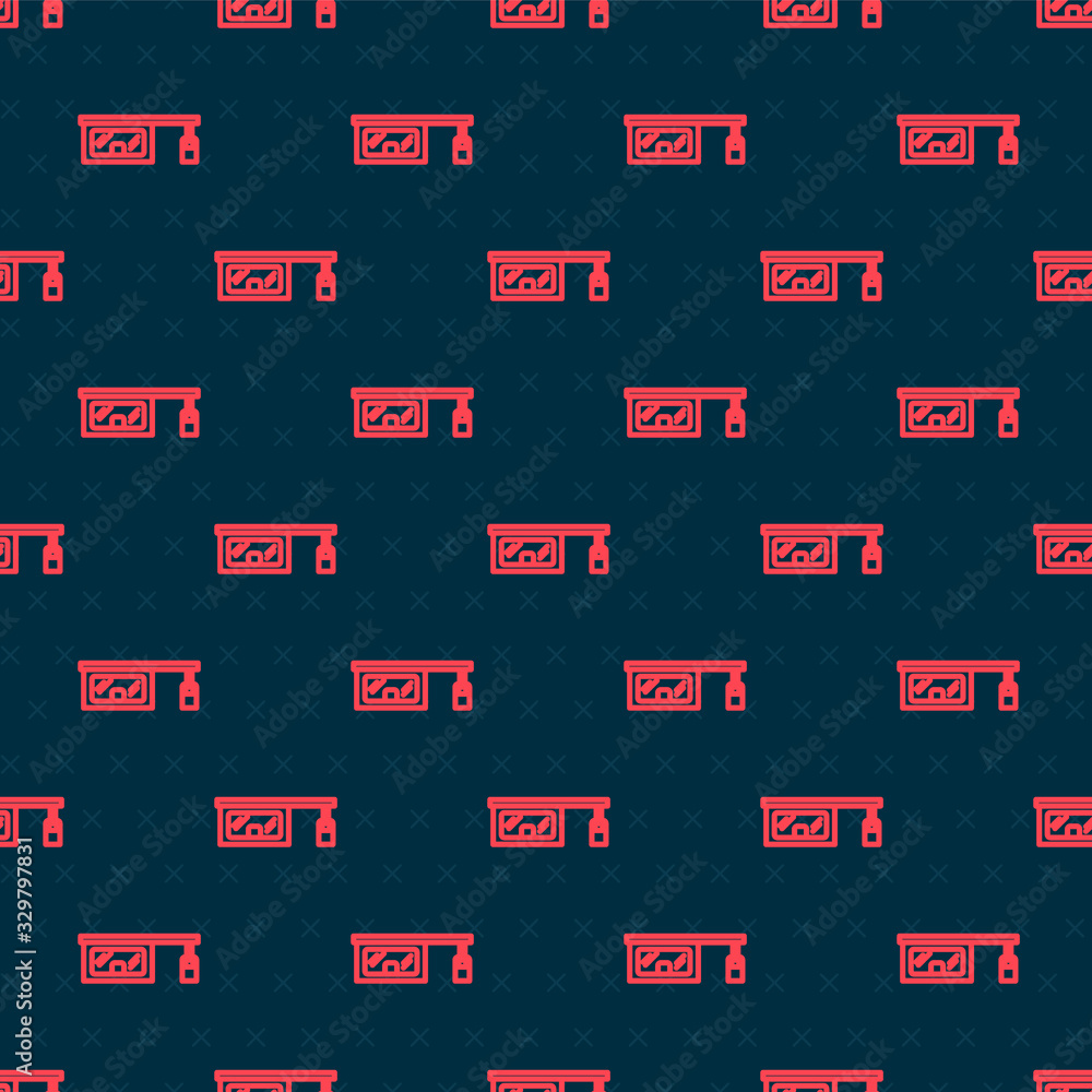 Red line Gas filling station icon isolated seamless pattern on black background. Transport related s