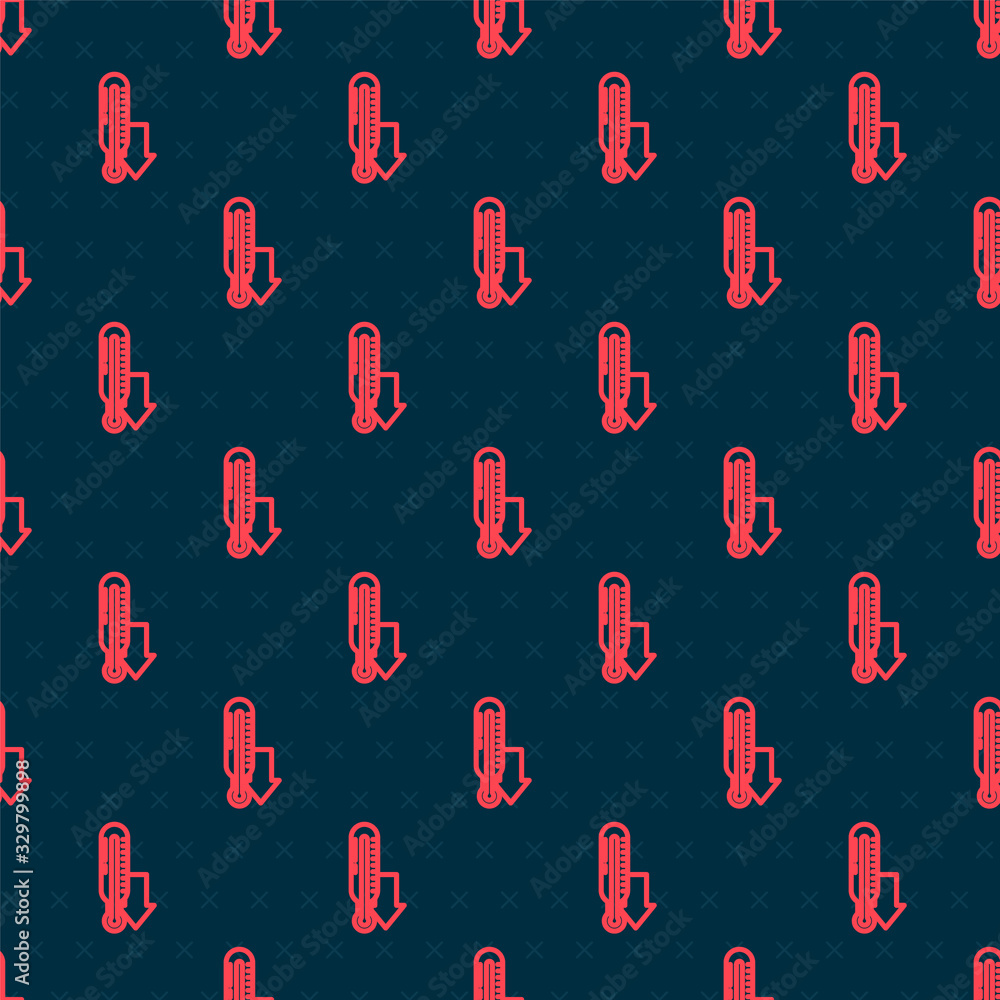 Red line Meteorology thermometer measuring icon isolated seamless pattern on black background. Therm