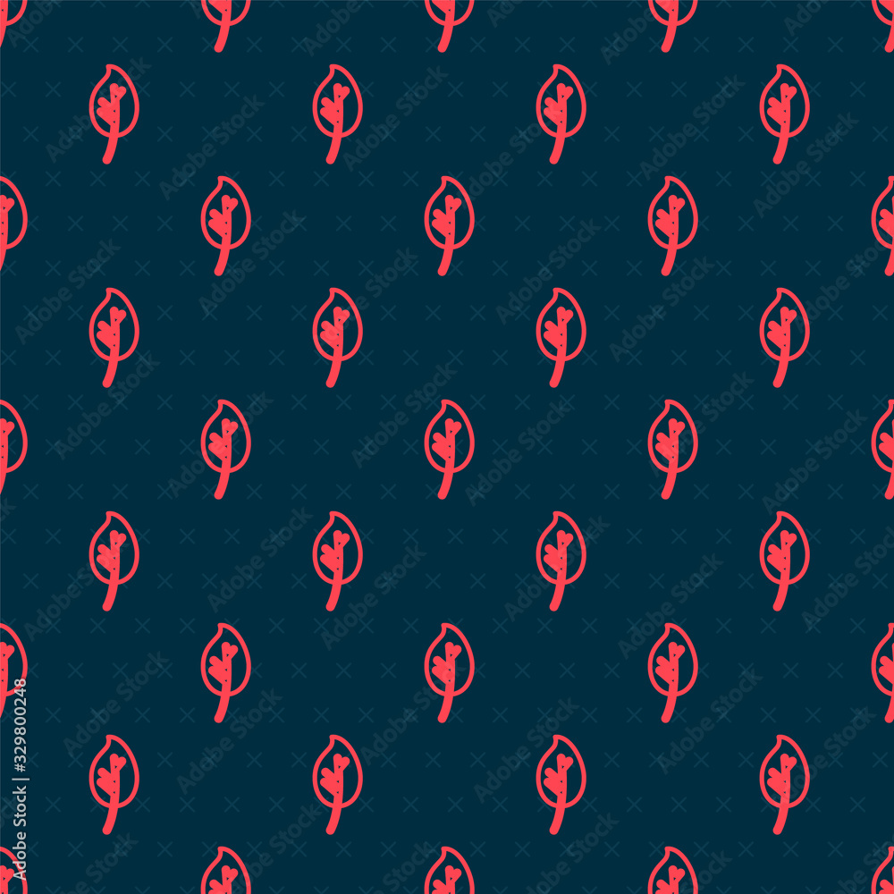 Red line Leaf icon isolated seamless pattern on black background. Leaves sign. Fresh natural product