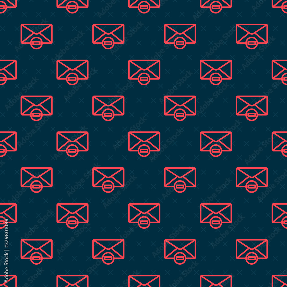 Red line Delete envelope icon isolated seamless pattern on black background. Delete or error letter.