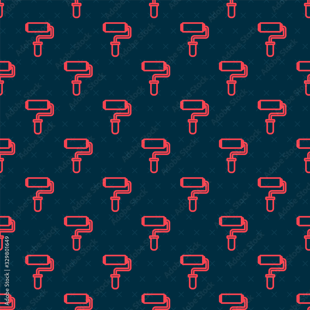 Red line Paint roller brush icon isolated seamless pattern on black background. Vector Illustration