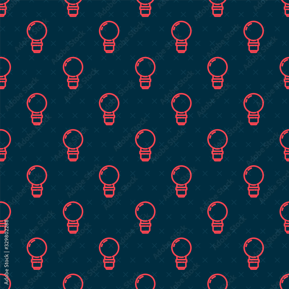 Red line Light bulb with concept of idea icon isolated seamless pattern on black background. Energy 