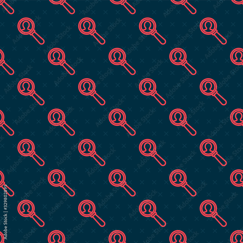 Red line Magnifying glass for search a people icon isolated seamless pattern on black background. Re