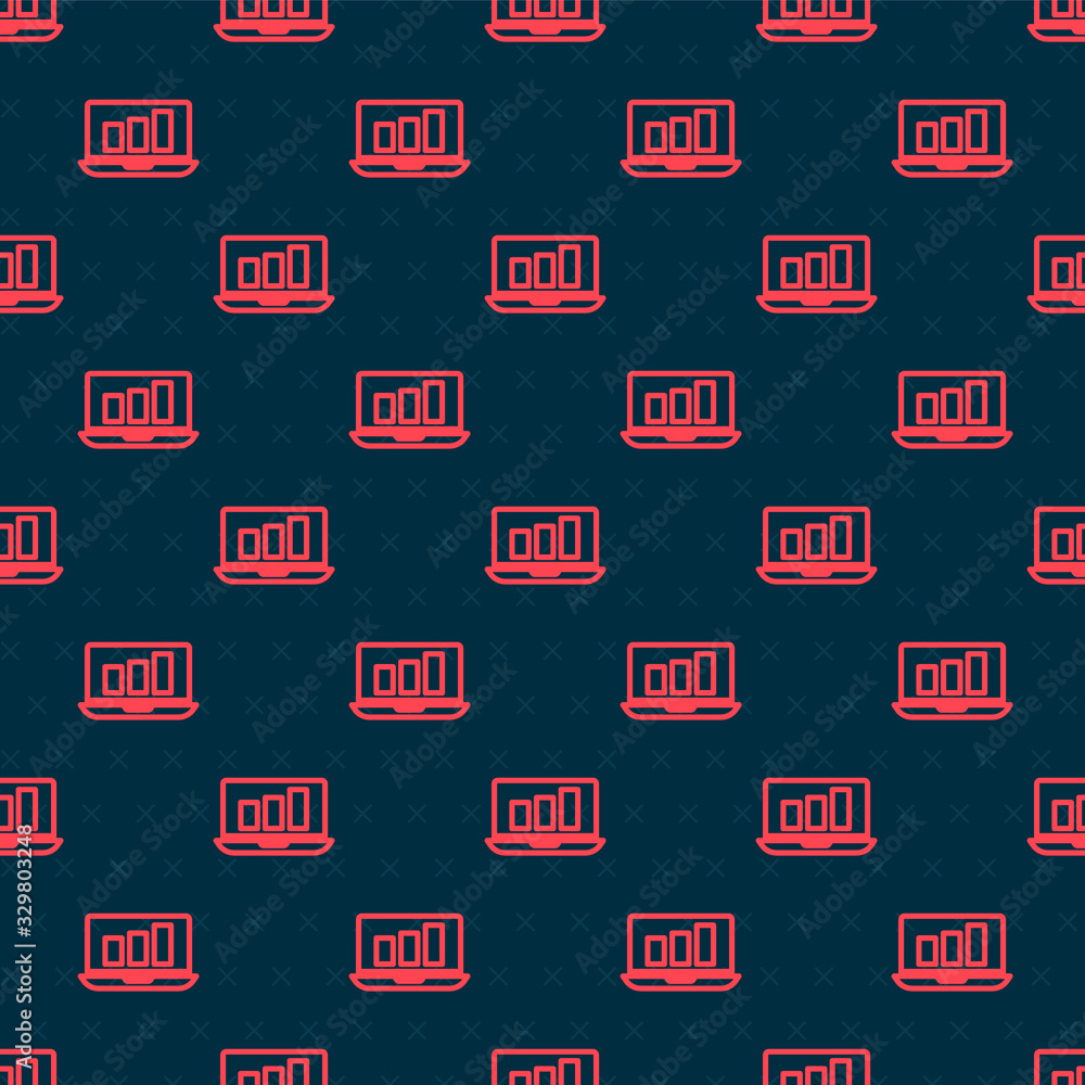 Red line Laptop with graph chart icon isolated seamless pattern on black background. Report text fil