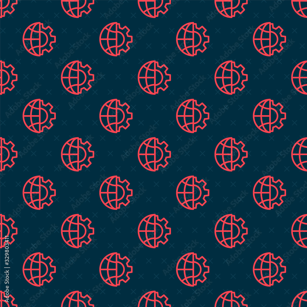 Red line Globe of the Earth and gear or cog icon isolated seamless pattern on black background. Sett