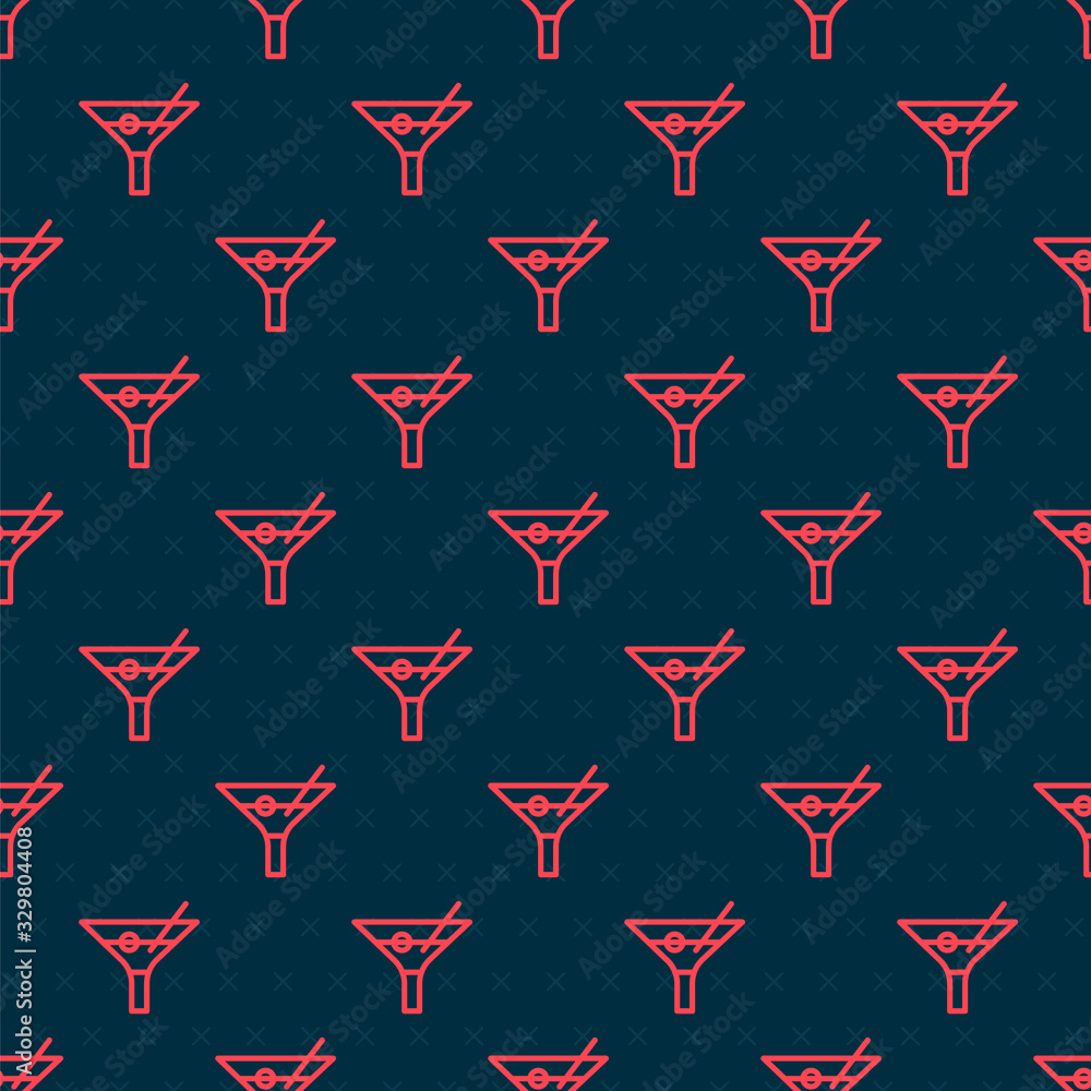 Red line Martini glass icon isolated seamless pattern on black background. Cocktail icon. Wine glass