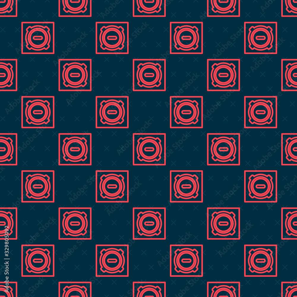 Red line Manhole sewer cover icon isolated seamless pattern on black background. Vector Illustration