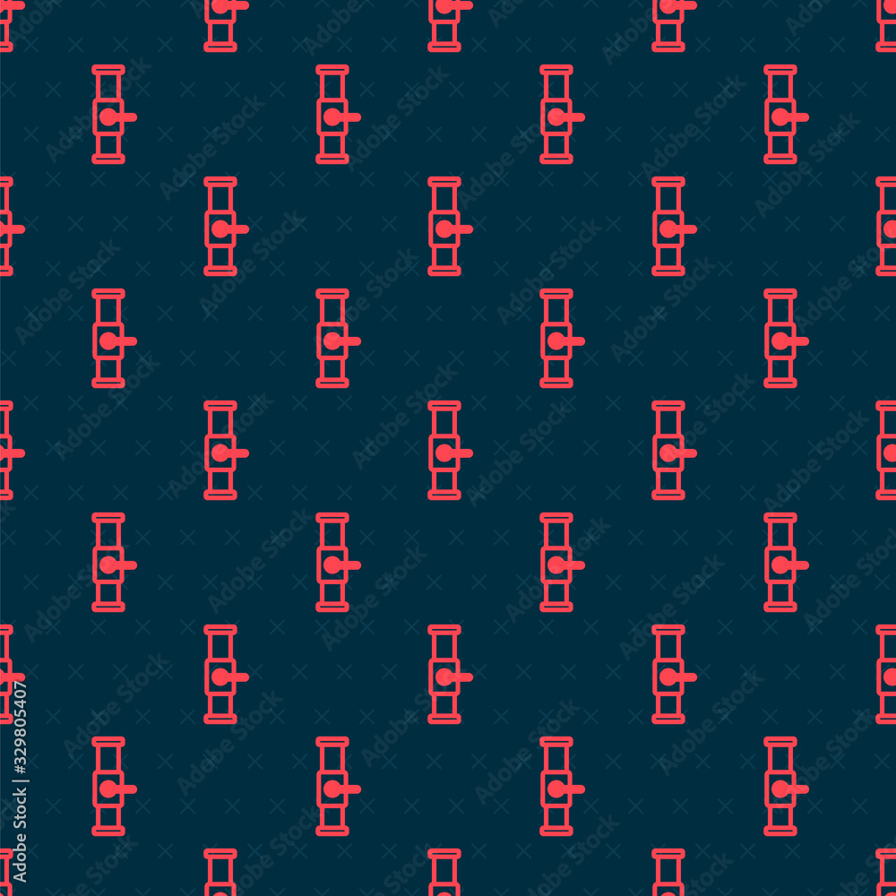 Red line Industry metallic pipe and valve icon isolated seamless pattern on black background. Vector