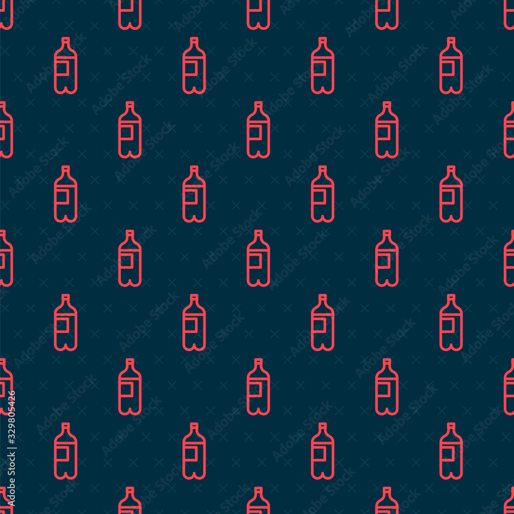 Red line Bottle of water icon isolated seamless pattern on black background. Soda aqua drink sign. V