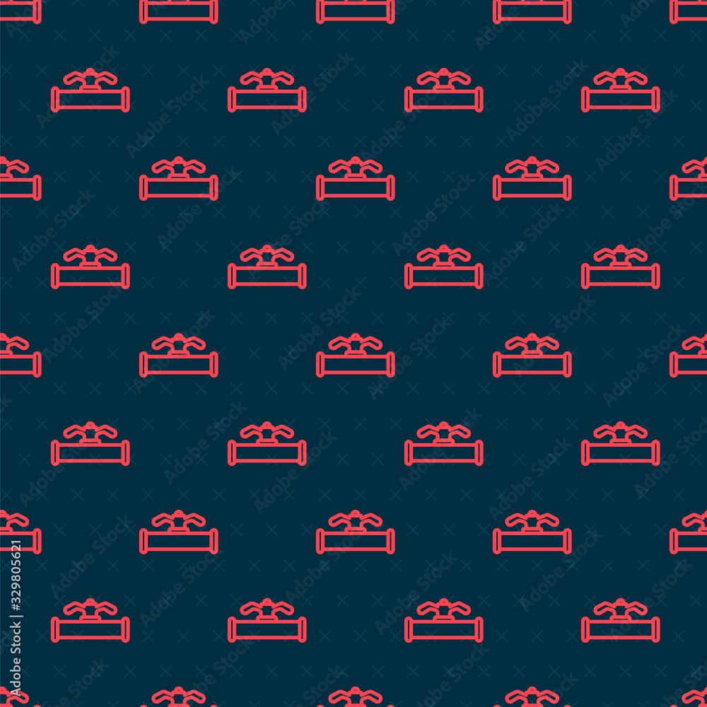 Red line Industry metallic pipe and valve icon isolated seamless pattern on black background. Vector