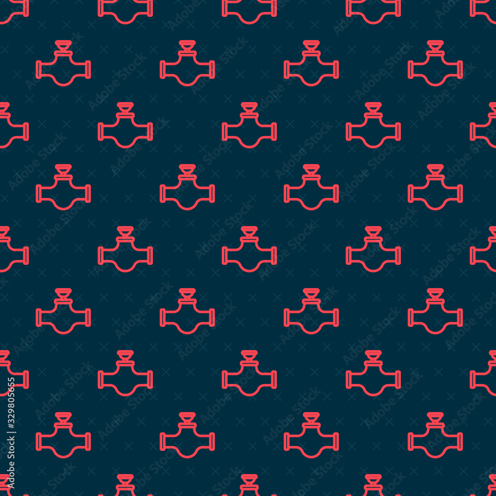 Red line Industry metallic pipe and valve icon isolated seamless pattern on black background. Vector