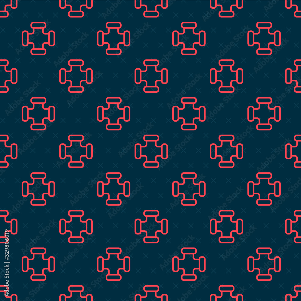 Red line Industry metallic pipe icon isolated seamless pattern on black background. Plumbing pipelin