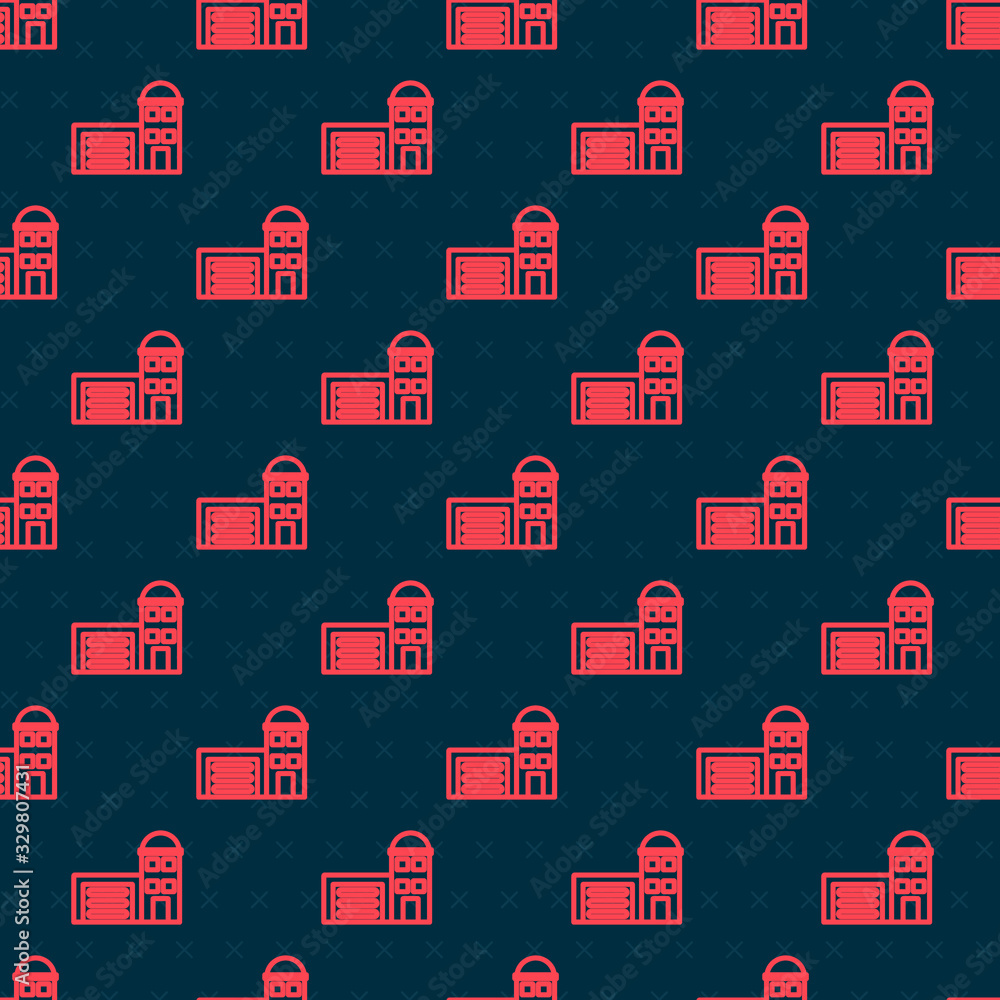 Red line Building of fire station icon isolated seamless pattern on black background. Fire departmen