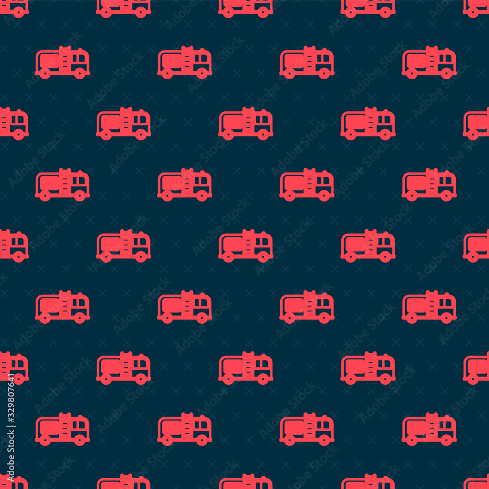 Red line Fire truck icon isolated seamless pattern on black background. Fire engine. Firefighters em