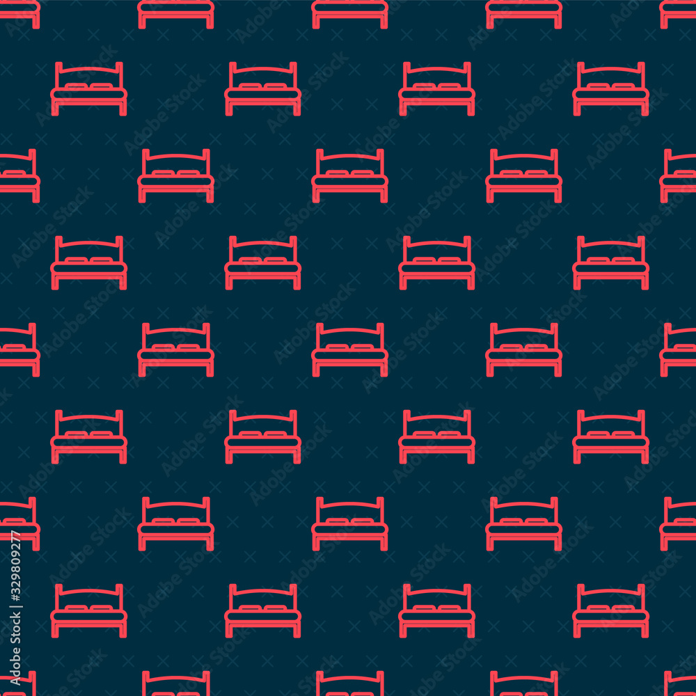 Red line Big bed for two or one person icon isolated seamless pattern on black background. Vector Il