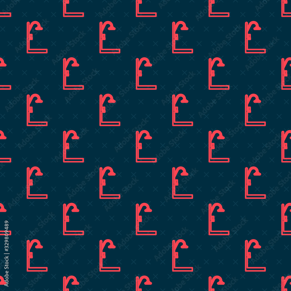 Red line Shower icon isolated seamless pattern on black background. Vector Illustration