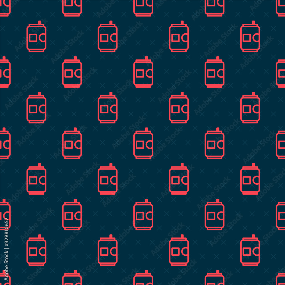 Red line Beer can icon isolated seamless pattern on black background. Vector Illustration