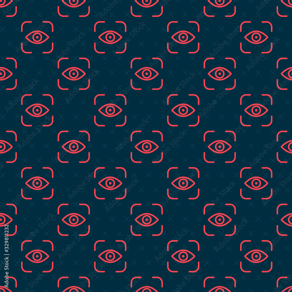 Red line Eye scan icon isolated seamless pattern on black background. Scanning eye. Security check s