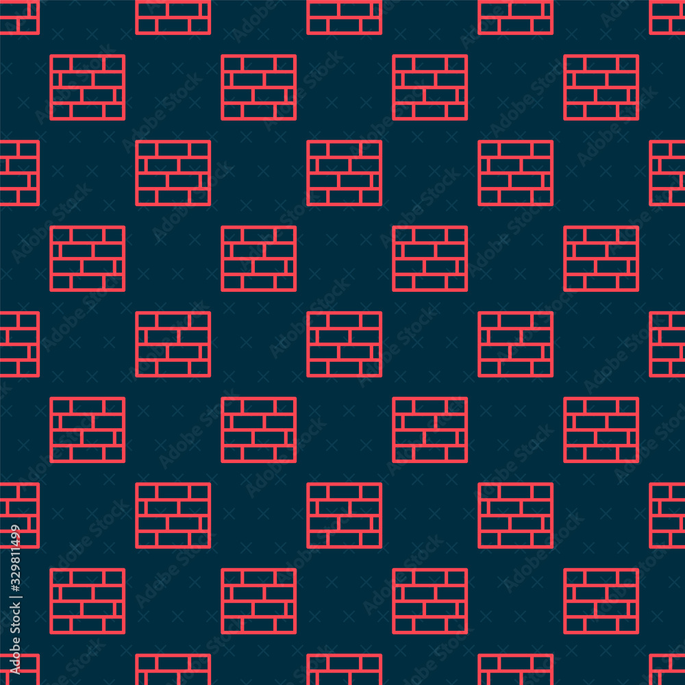 Red line Bricks icon isolated seamless pattern on black background. Vector Illustration