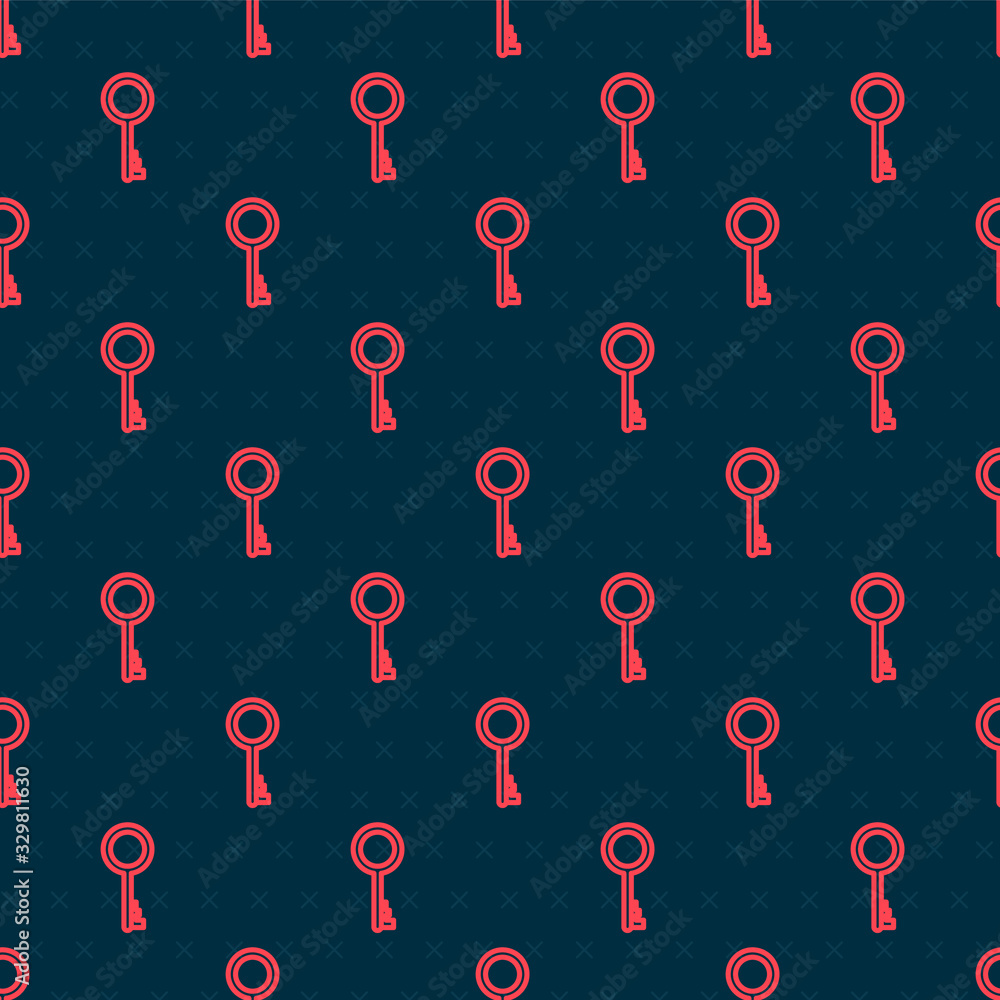 Red line Old key icon isolated seamless pattern on black background. Vector Illustration