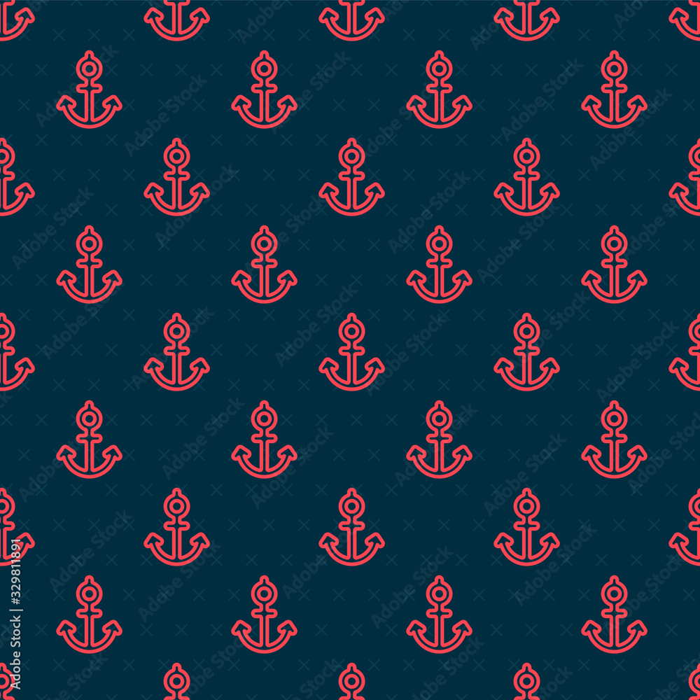 Red line Anchor icon isolated seamless pattern on black background. Vector Illustration