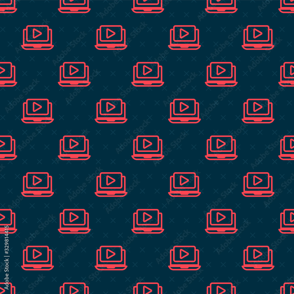 Red line Online play video icon isolated seamless pattern on black background. Laptop and film strip