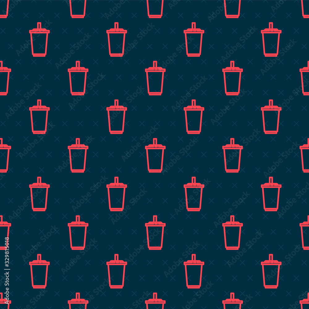 Red line Paper glass with drinking straw and water icon isolated seamless pattern on black backgroun