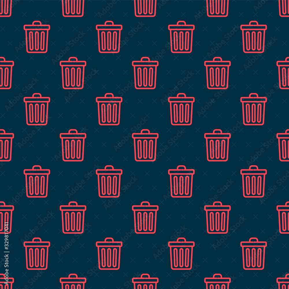 Red line Trash can icon isolated seamless pattern on black background. Garbage bin sign. Recycle bas