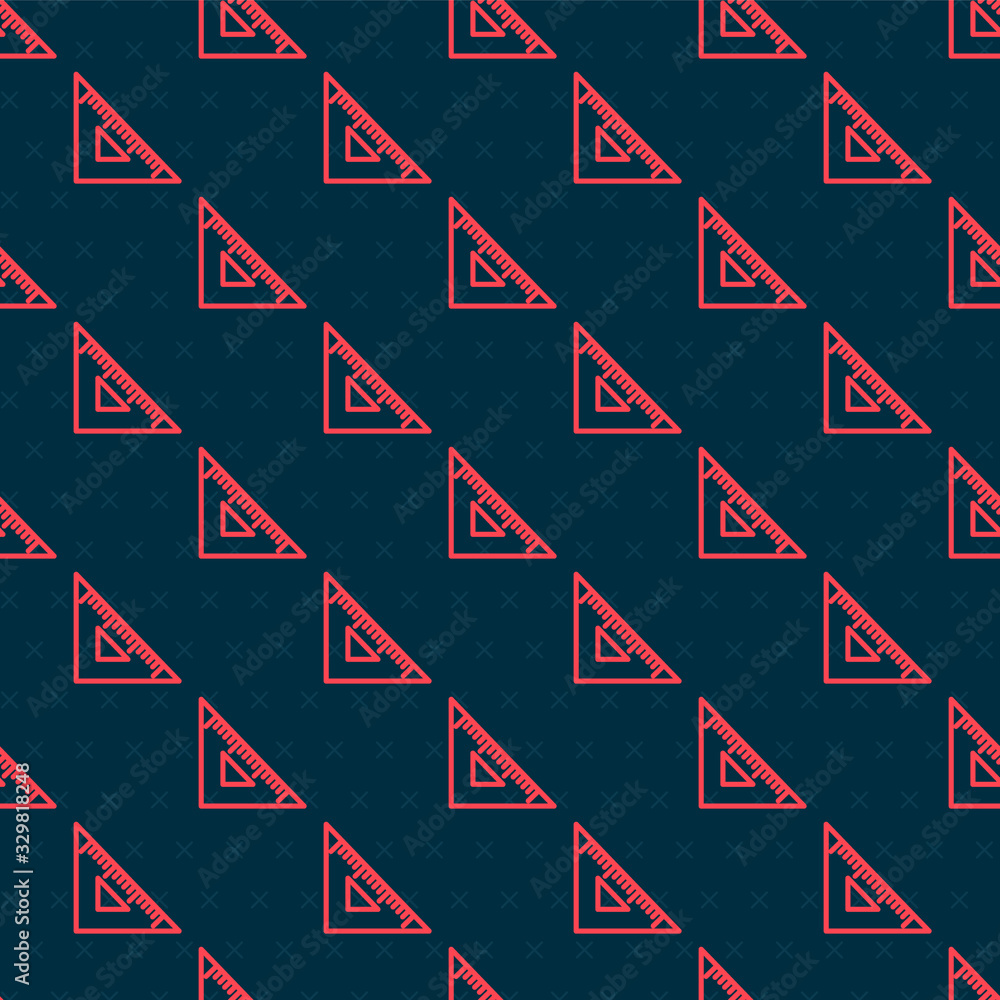 Red line Triangular ruler icon isolated seamless pattern on black background. Straightedge symbol. G