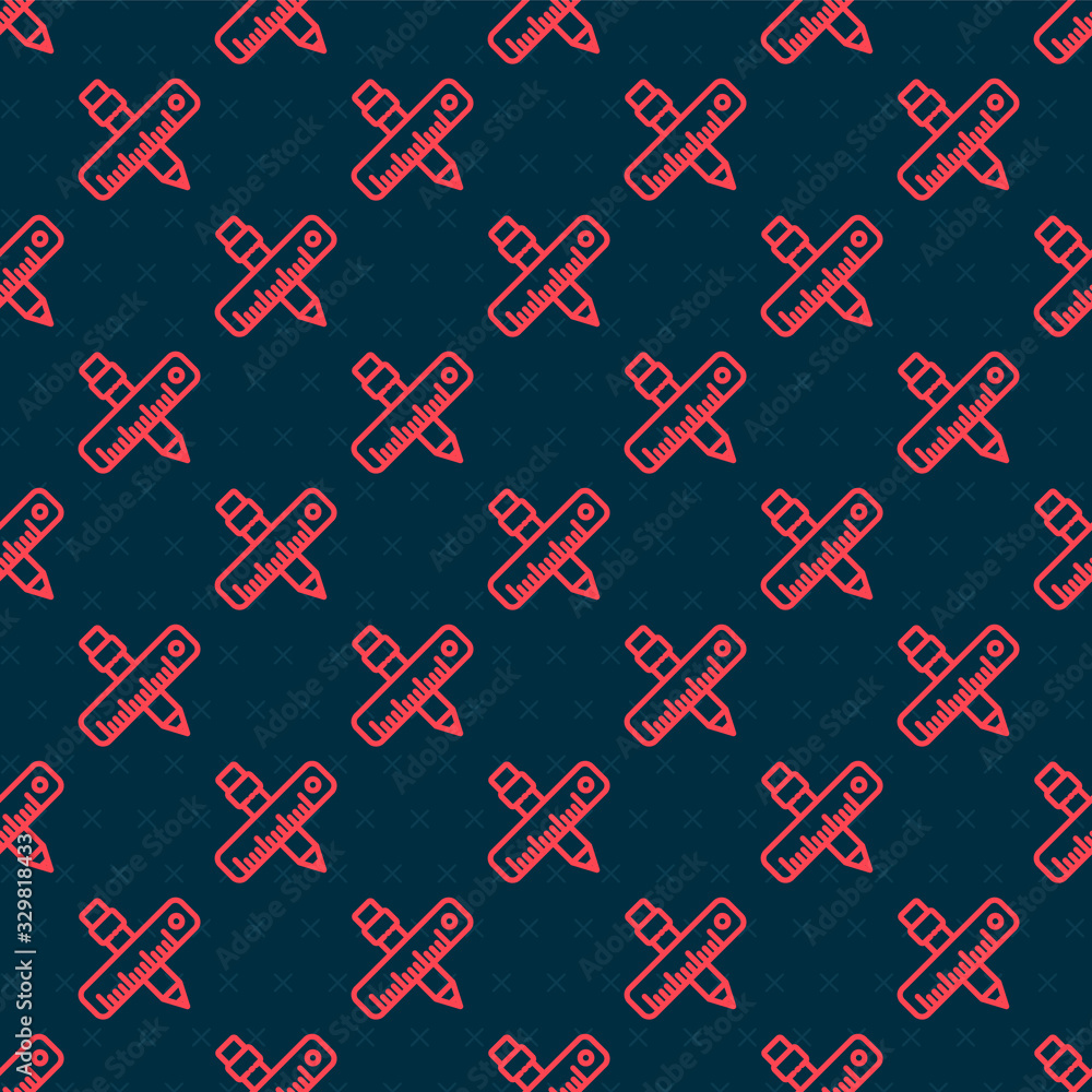 Red line Crossed ruler and pencil icon isolated seamless pattern on black background. Straightedge s