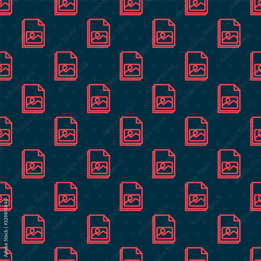 Red line Picture landscape icon isolated seamless pattern on black background. Vector Illustration