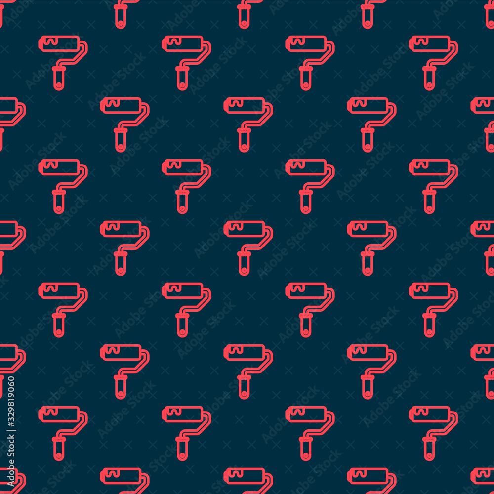 Red line Paint roller brush icon isolated seamless pattern on black background. Vector Illustration