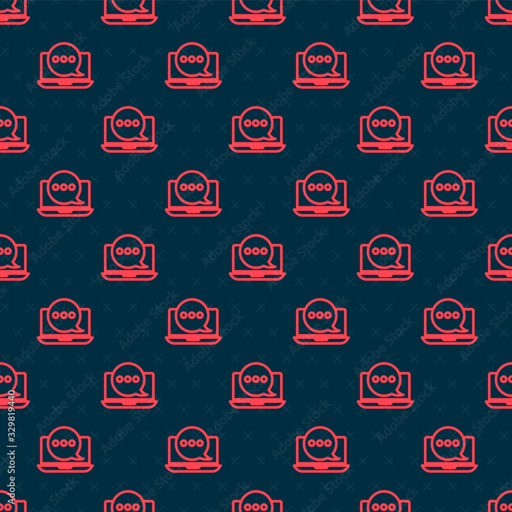 Red line New chat messages notification on laptop icon isolated seamless pattern on black background