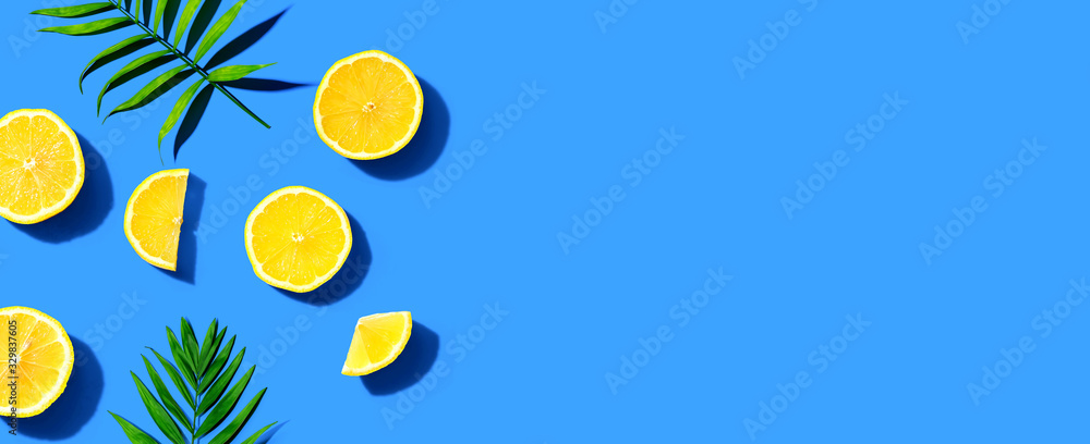 Fresh yellow lemons overhead view - flat lay