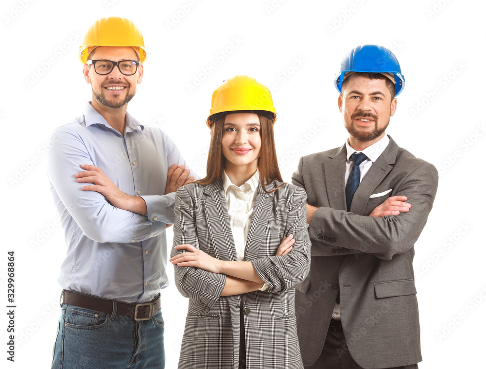 Group of engineers on white background