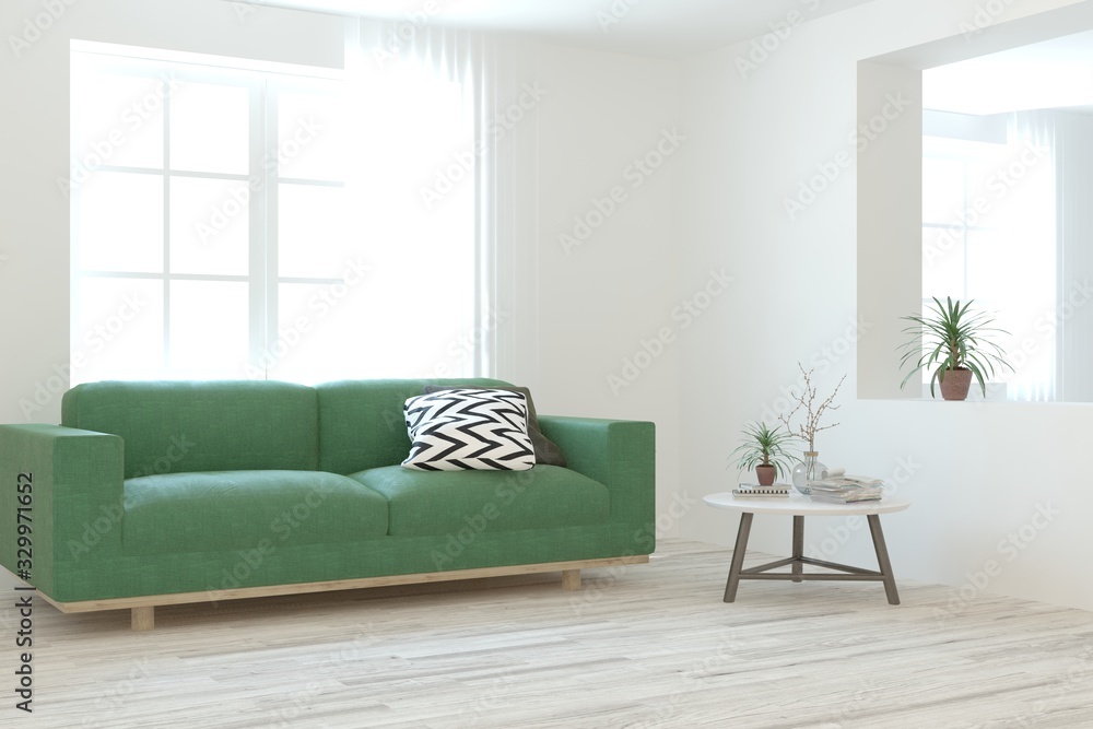 Modern living room in white color with sofa. Scandinavian interior design. 3D illustration