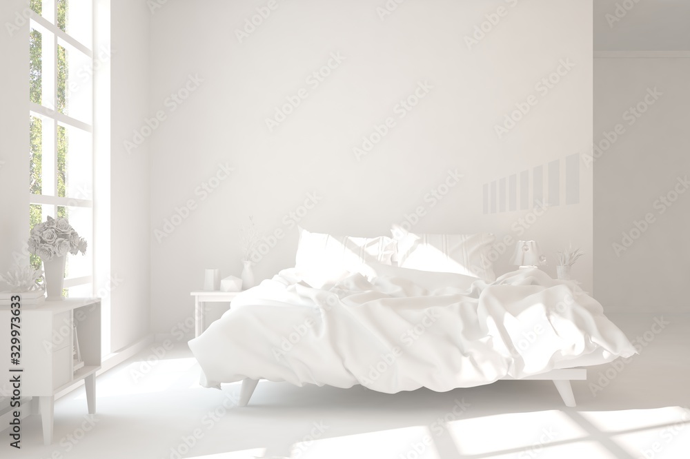 Modern bedroom in white color. Scandinavian interior design. 3D illustration