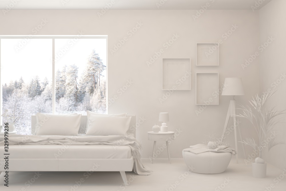 Modern bedroom in white color. Scandinavian interior design. 3D illustration