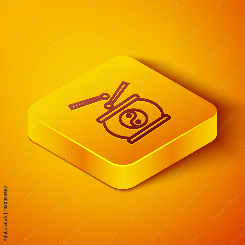 Isometric line Chinese drum icon isolated on orange background. Traditional asian percussion instrum