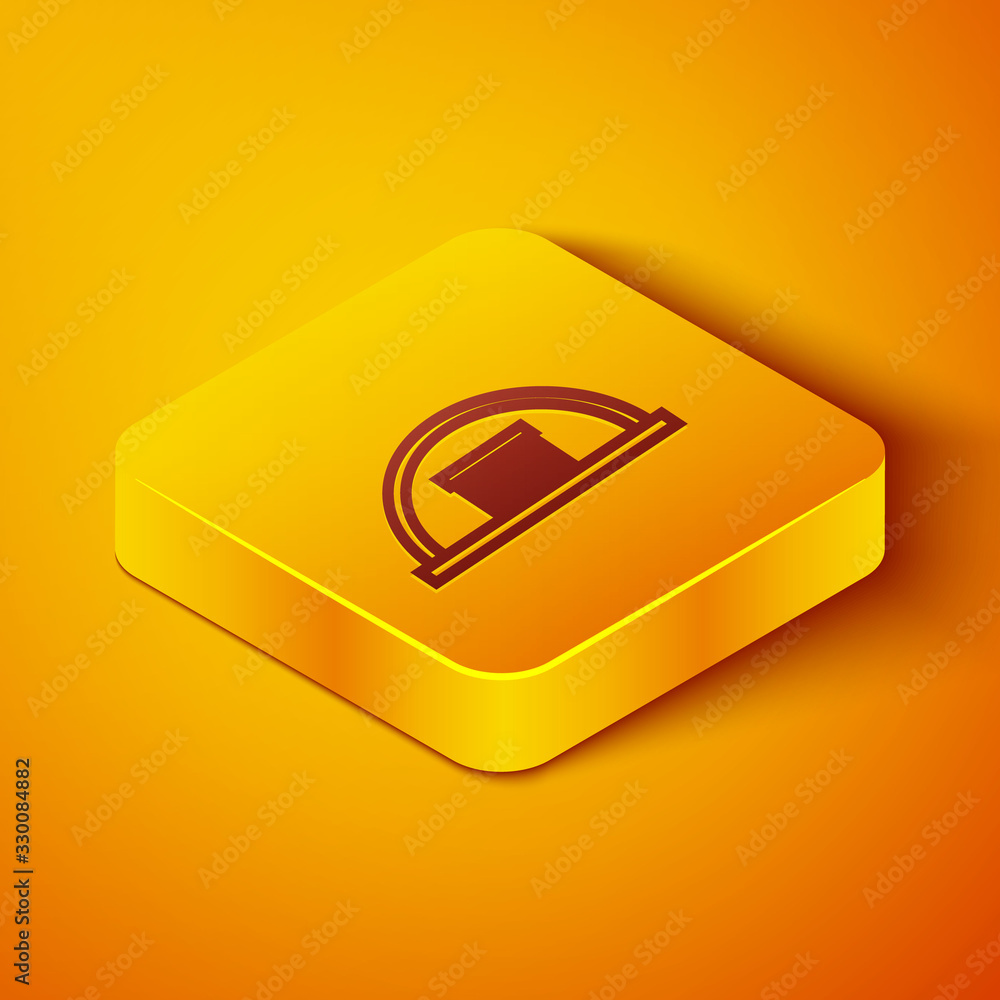 Isometric line Hangar icon isolated on orange background. Yellow square button. Vector Illustration