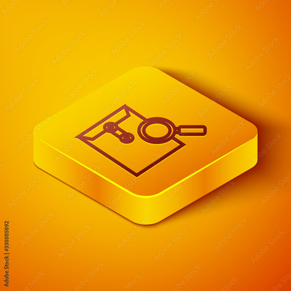 Isometric line Envelope mail with magnifying glass icon isolated on orange background. Yellow square