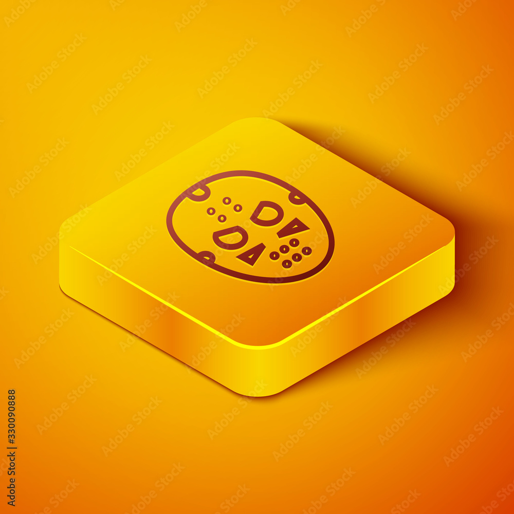 Isometric line Hockey mask icon isolated on orange background. Yellow square button. Vector Illustra