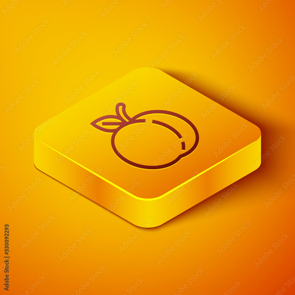 Isometric line Peach fruit or nectarine with leaf icon isolated on orange background. Yellow square 