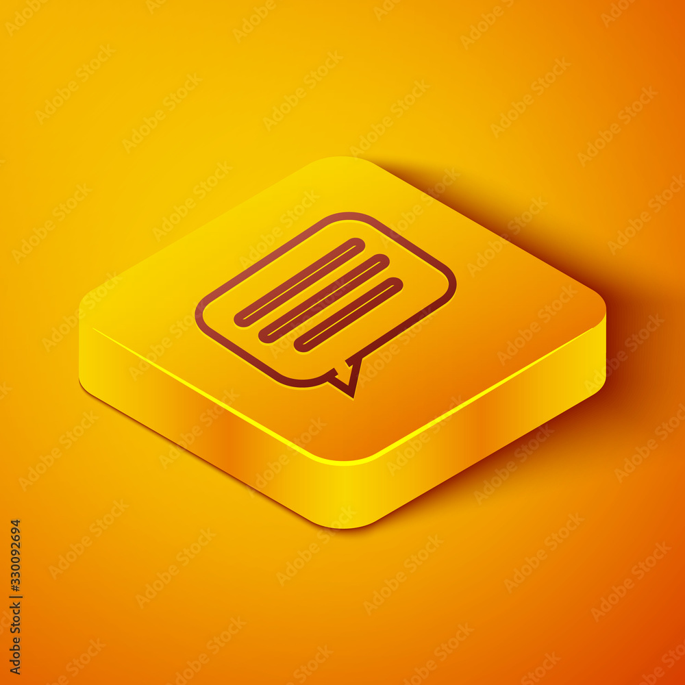 Isometric line Speech bubble chat icon isolated on orange background. Message icon. Communication or