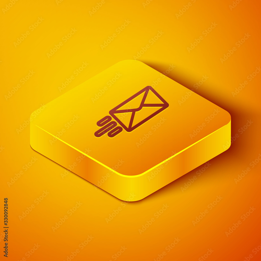 Isometric line Express envelope icon isolated on orange background. Email message letter symbol. Yel