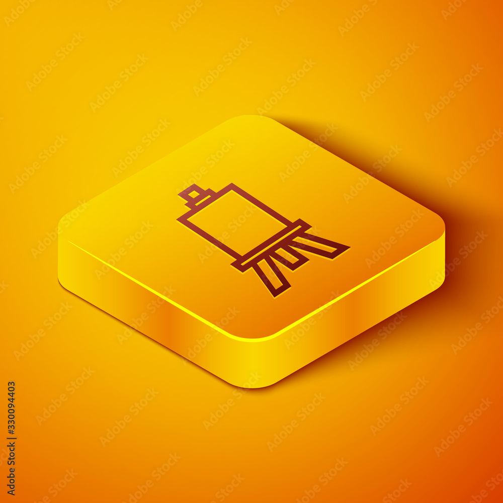 Isometric line Wood easel or painting art boards icon isolated on orange background. Yellow square b