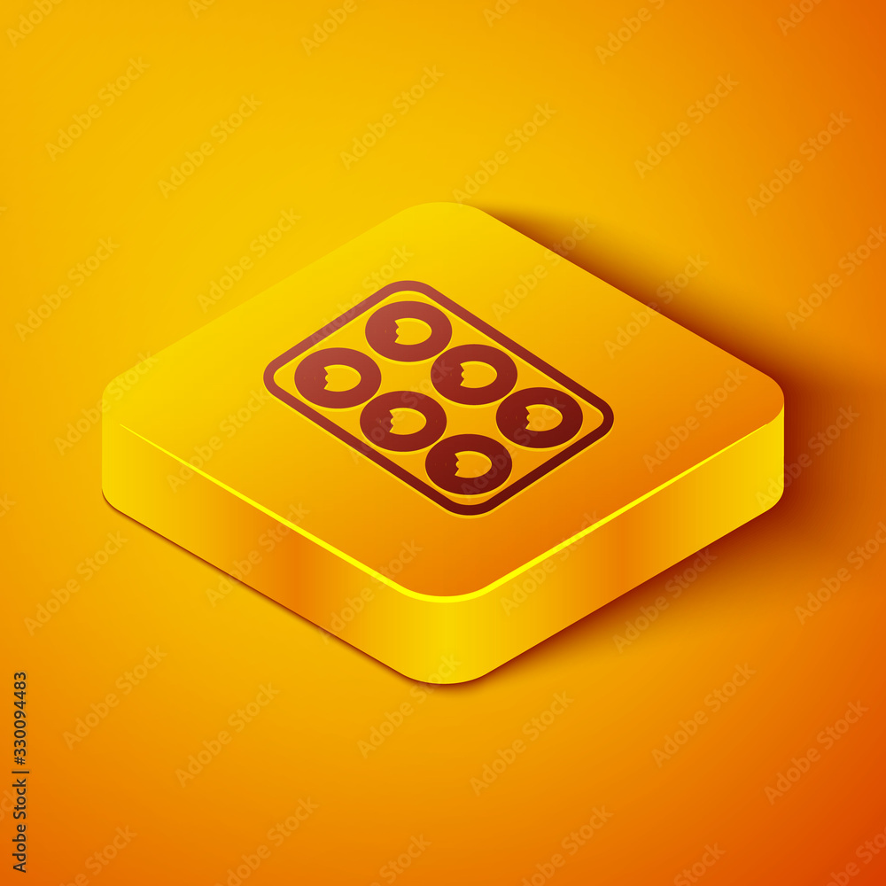 Isometric line Watercolor paints in box icon isolated on orange background. Yellow square button. Ve